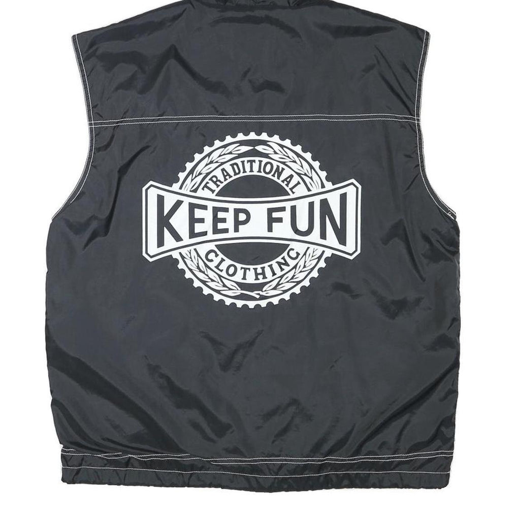 KEEP FUN Mens Black Sleeveless Hooded Jacket L Polyester Blend Logo Streetwear
