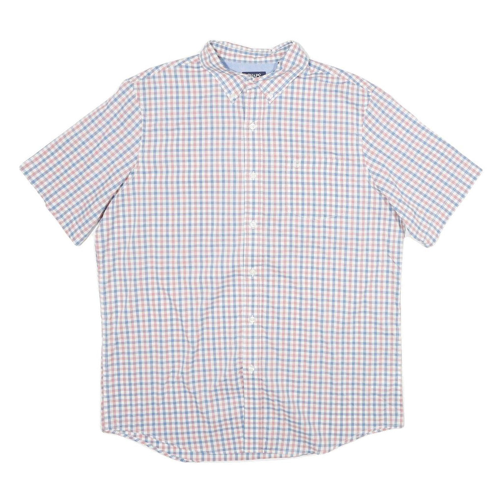 CHAPS Mens Blue & Pink Check Short Sleeve Shirt L Button-Down Collar Cotton