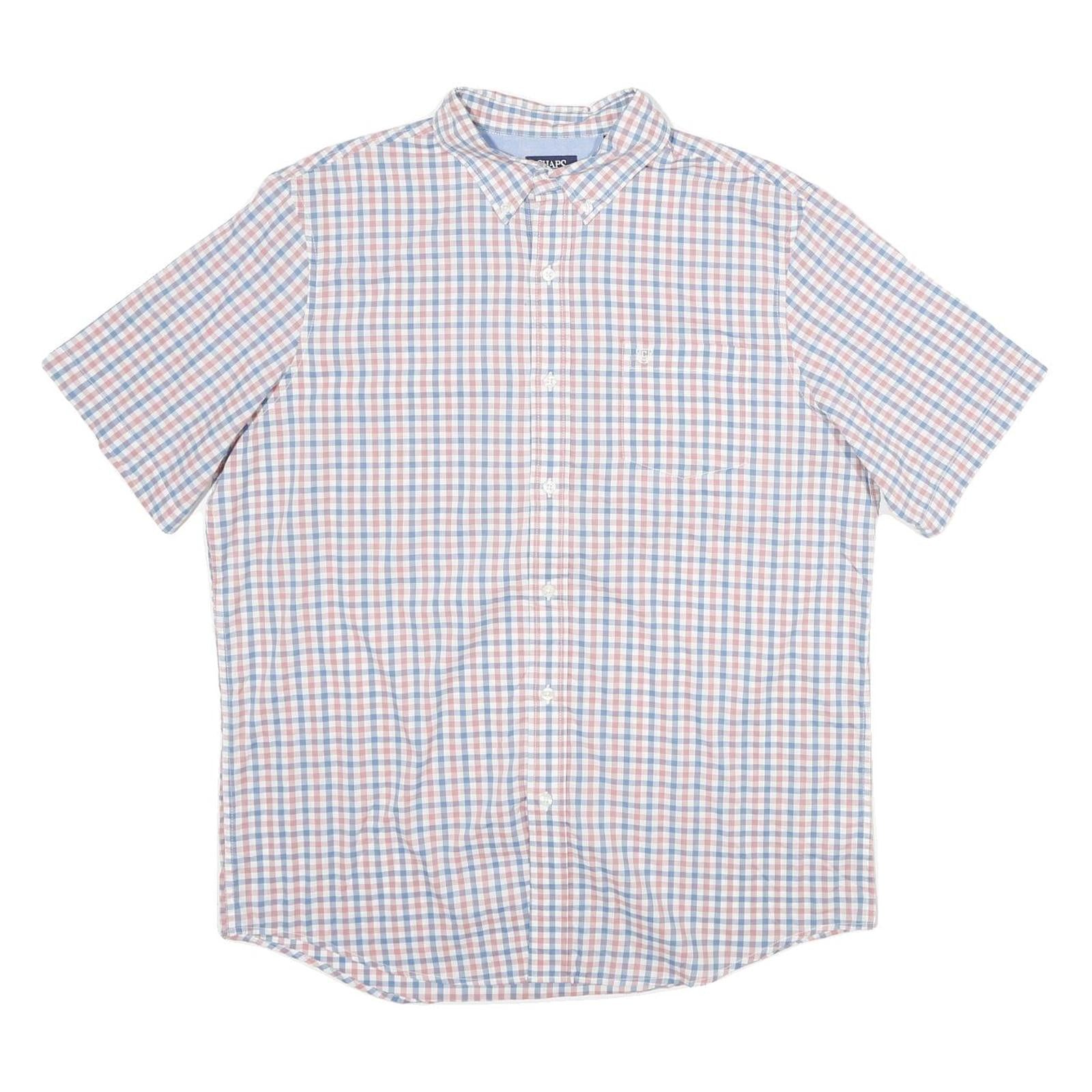 CHAPS Mens Blue & Pink Check Short Sleeve Shirt L Button-Down Collar Cotton