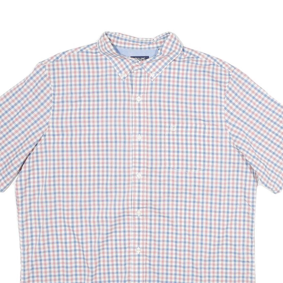 CHAPS Mens Blue & Pink Check Short Sleeve Shirt L Button-Down Collar Cotton