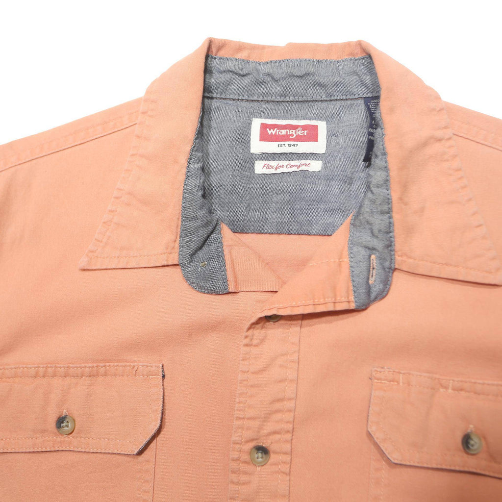 WRANGLER Mens Peach Plain Casual Shirt L Cotton Blend Short Sleeve Button Pocket