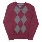 TOMMY HILFIGER Mens Patterned Jumper Maroon Argyle V-Neck Tight Knit L