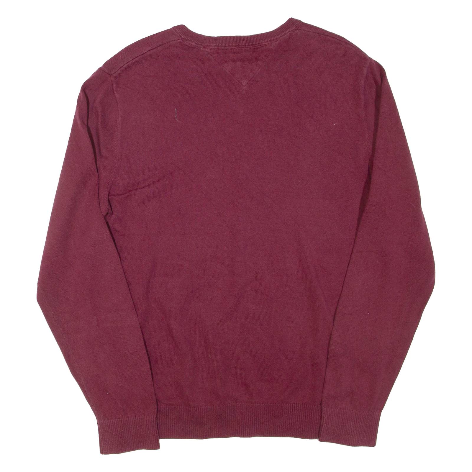 TOMMY HILFIGER Mens Patterned Jumper Maroon Argyle V-Neck Tight Knit L