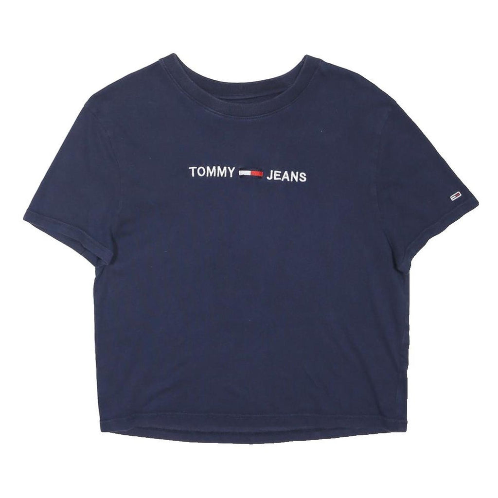 TOMMY JEANS Womens Navy Blue Graphic T-Shirt S Short Sleeve Crew Neck Logo