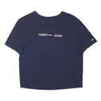 TOMMY JEANS Womens Navy Blue Graphic T-Shirt S Short Sleeve Crew Neck Logo