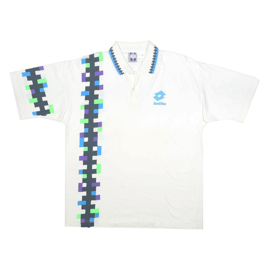 LOTTO Mens White Blue & Green Pattern Short Sleeve Polo Shirt L Cotton Sport