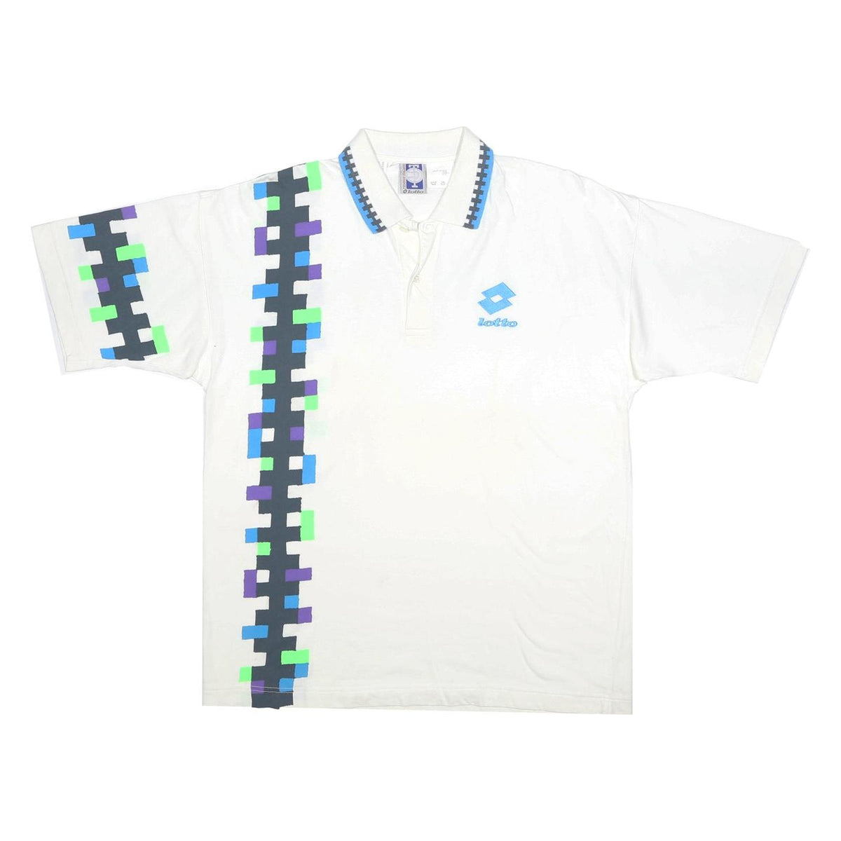 LOTTO Mens White Blue & Green Pattern Short Sleeve Polo Shirt L Cotton Sport