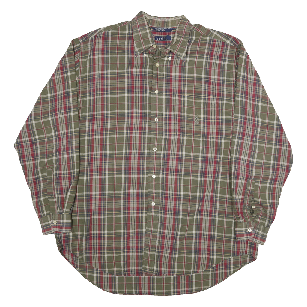 NAUTICA Mens Green & Red Checked Shirt XL Cotton Blend Button Down Casual