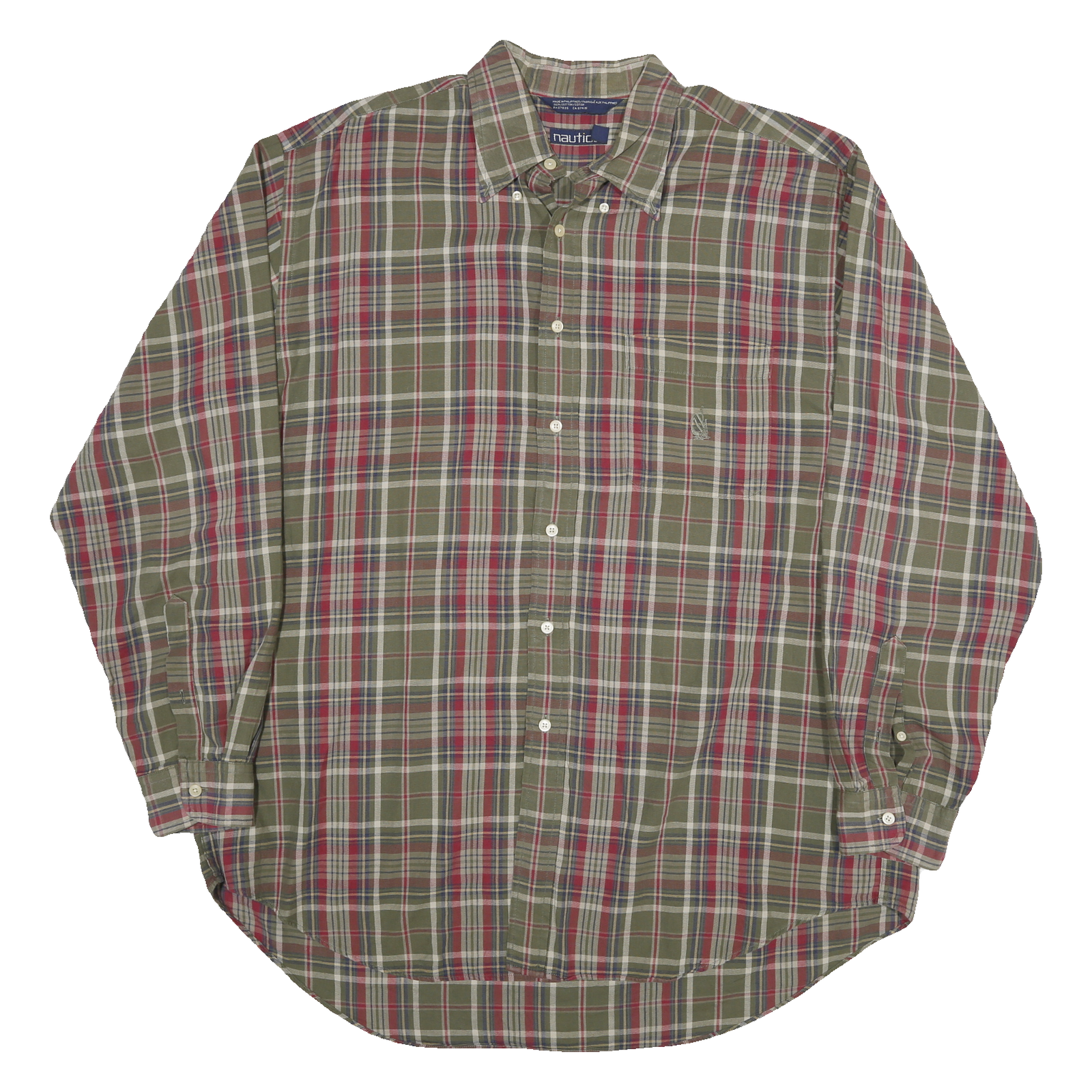 NAUTICA Mens Green & Red Checked Shirt XL Cotton Blend Button Down Casual