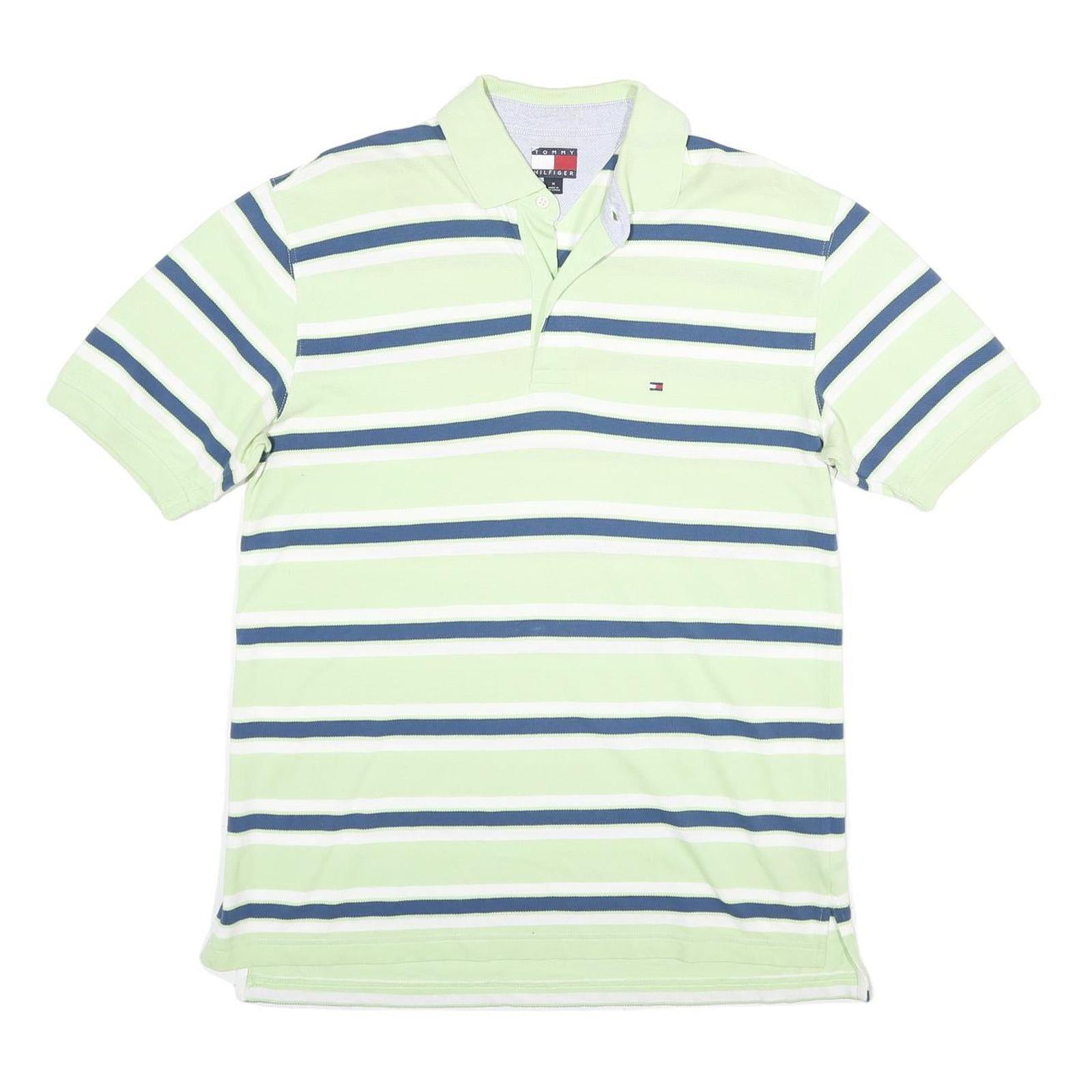TOMMY HILFIGER Mens Green & Blue Striped Polo Shirt Short Sleeve M Cotton Casual