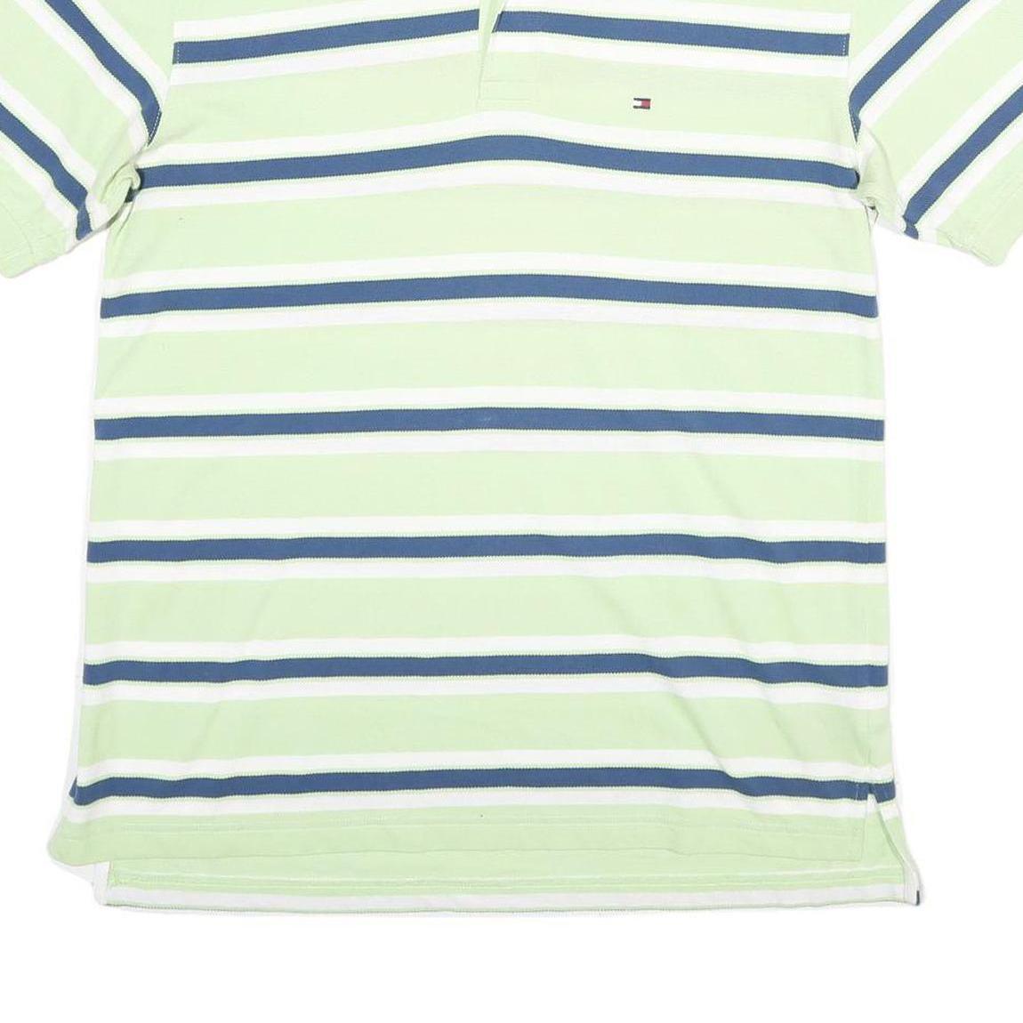 TOMMY HILFIGER Mens Green & Blue Striped Polo Shirt Short Sleeve M Cotton Casual