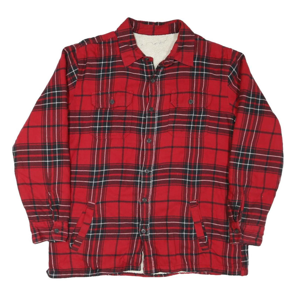 Mens Red & Black Plaid Cotton Blend Shirt L Button Front Casual Warm