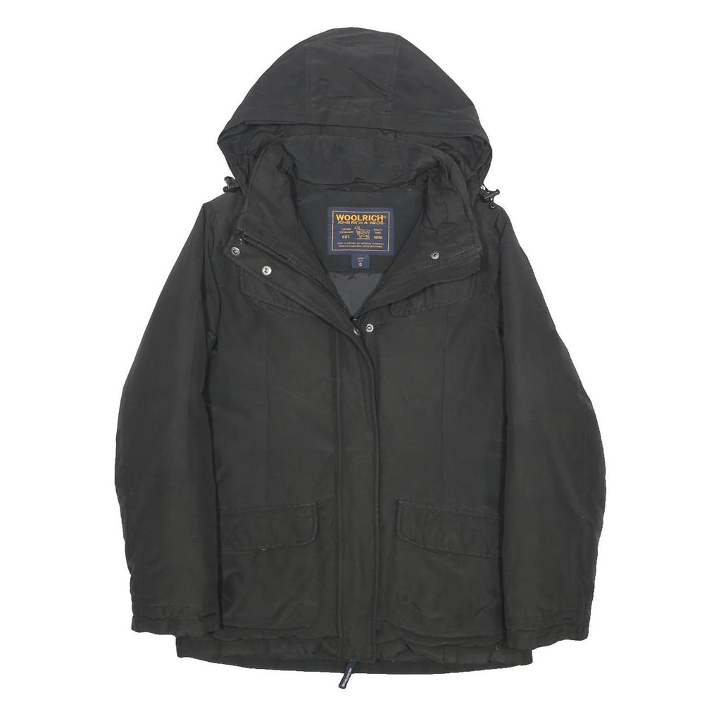WOOLRICH Womens Black Cotton Blend Jacket S Hooded Zip Classic Fit Outerwear