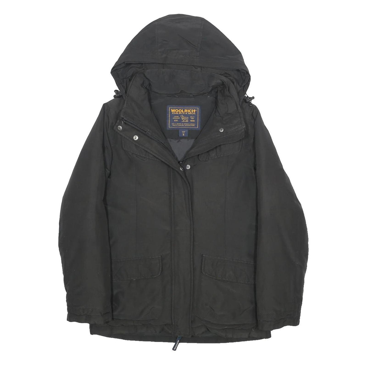 WOOLRICH Womens Black Cotton Blend Jacket S Hooded Zip Classic Fit Outerwear