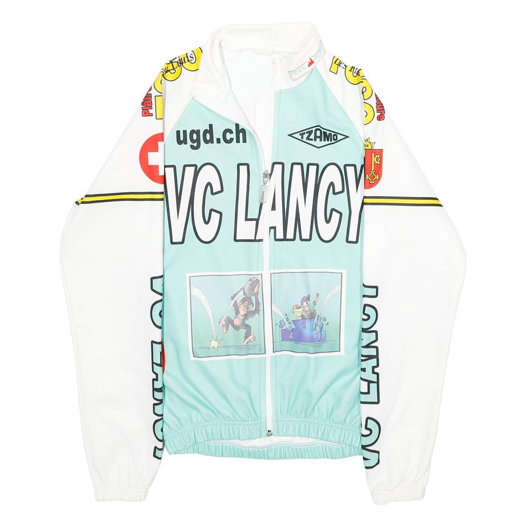 Mens Blue & White Graphic Polyester Zip Jacket XXS Sports Cycling Retro