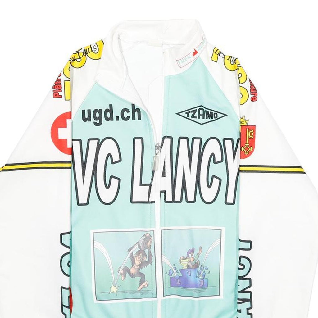 Mens Blue & White Graphic Polyester Zip Jacket XXS Sports Cycling Retro