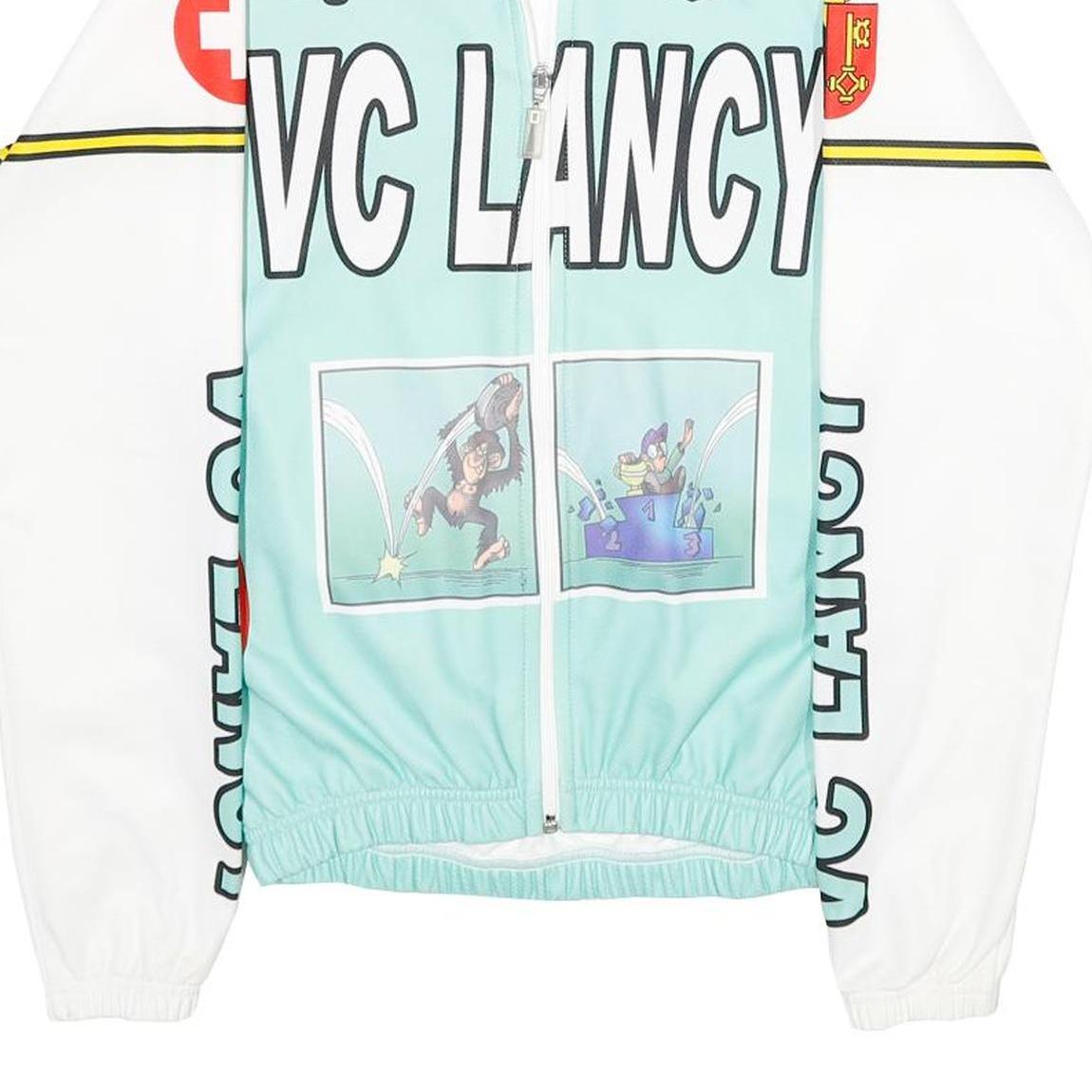 Mens Blue & White Graphic Polyester Zip Jacket XXS Sports Cycling Retro