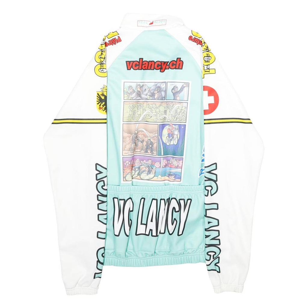 Mens Blue & White Graphic Polyester Zip Jacket XXS Sports Cycling Retro