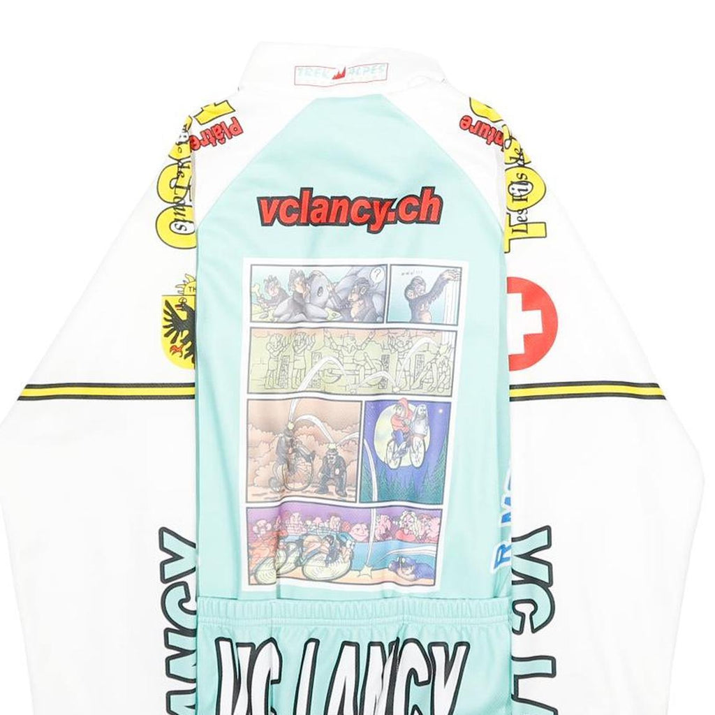 Mens Blue & White Graphic Polyester Zip Jacket XXS Sports Cycling Retro