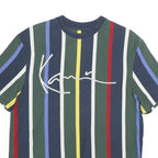 KARL KANI Mens Blue Green Red Yellow Striped Graphic T-Shirt S Short Sleeve Crew