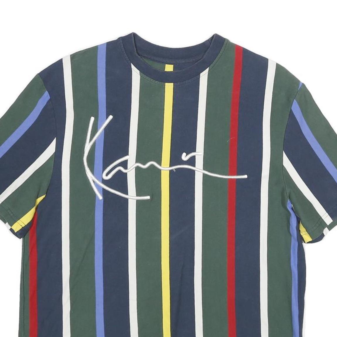 KARL KANI Mens Blue Green Red Yellow Striped Graphic T-Shirt S Short Sleeve Crew