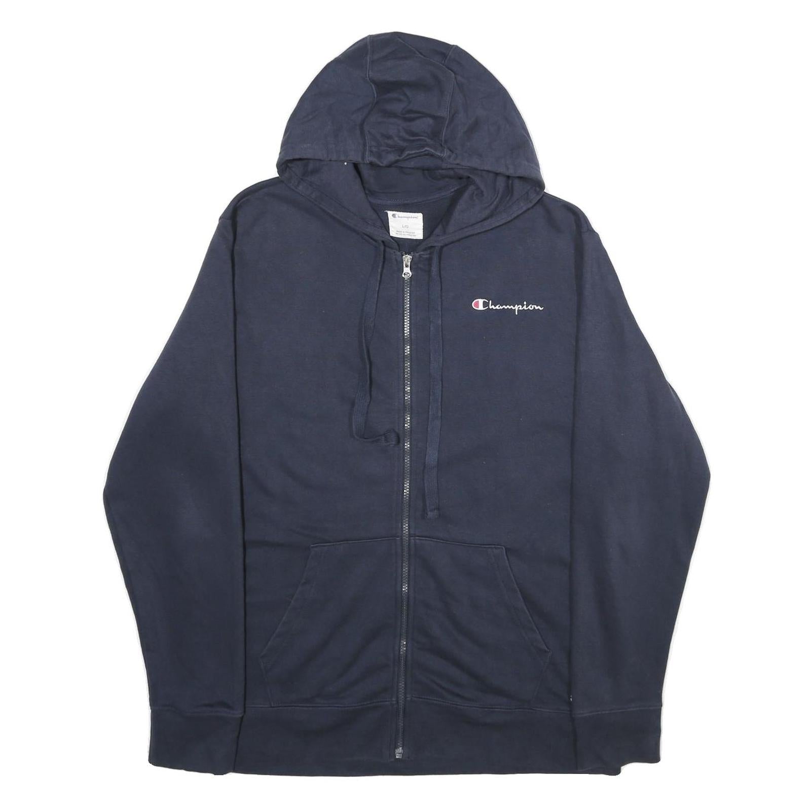 CHAMPION Mens Navy Blue Full Zip Hoodie L Cotton Blend Casual Sweatshirt
