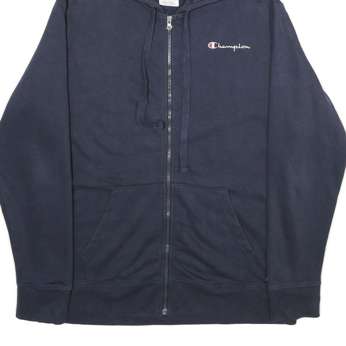 CHAMPION Mens Navy Blue Full Zip Hoodie L Cotton Blend Casual Sweatshirt