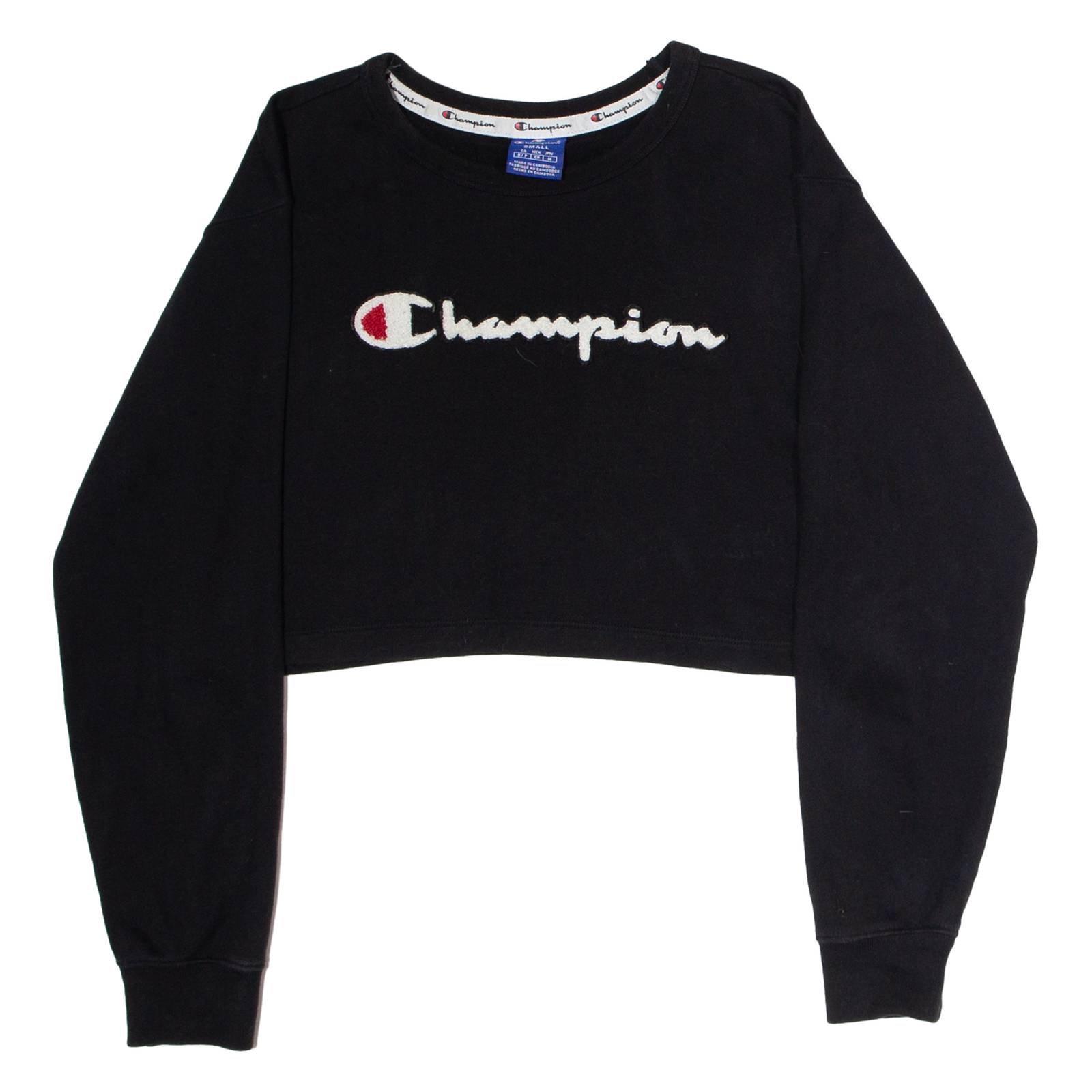 CHAMPION Cropped Womens Sweatshirt Black Crew Neck USA S
