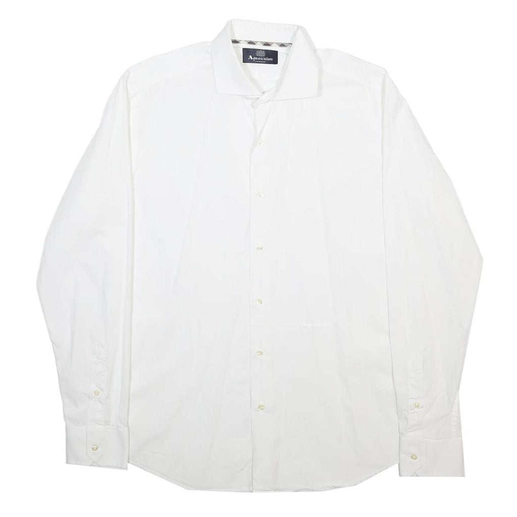 AQUASCUTUM Mens White Formal Shirt L Classic Cotton Blend Button Collar