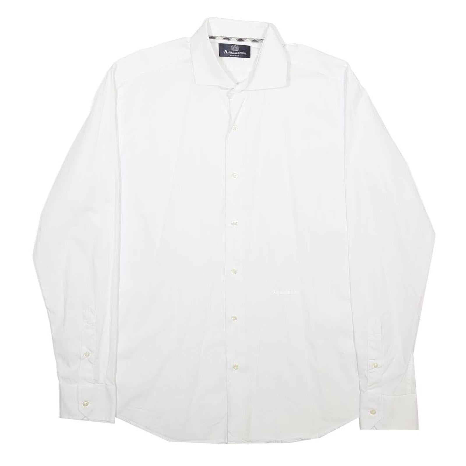 AQUASCUTUM Mens White Formal Shirt L Classic Cotton Blend Button Collar