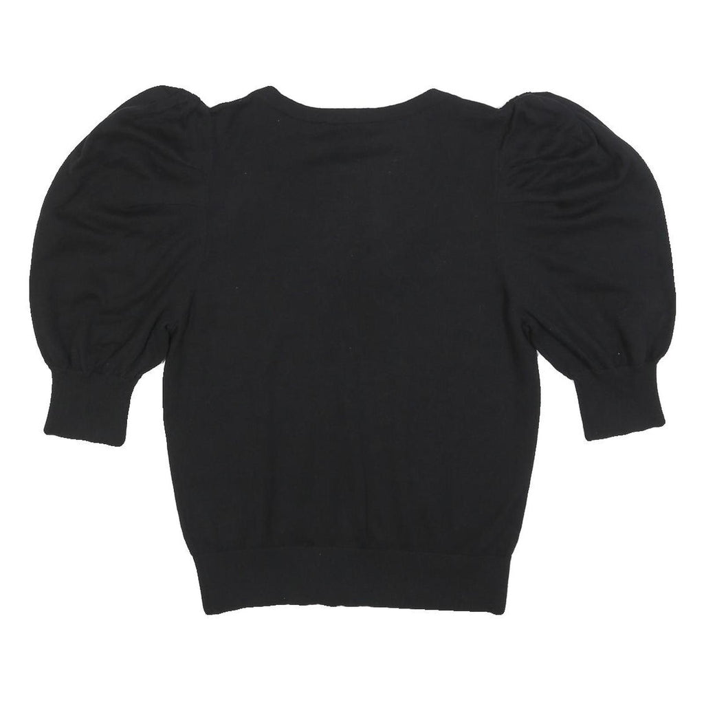 DKNY Womens Black Plain Jumper V-Neck Basic Knit L Puff Sleeve Stylish