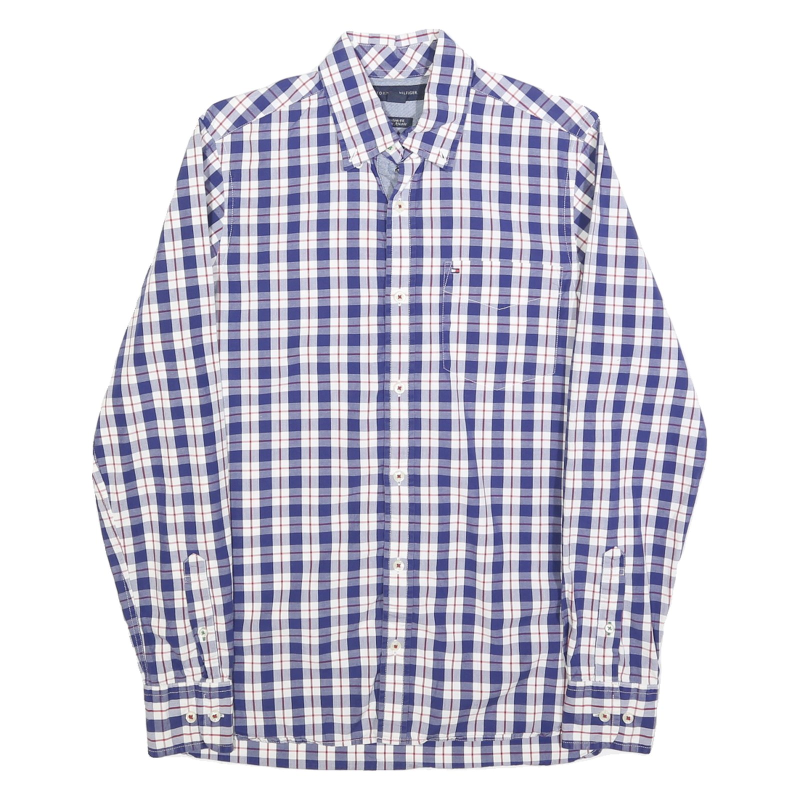 TOMMY HILFIGER Mens Blue & White Check Shirt XS Classic Button-Down Cotton Blend