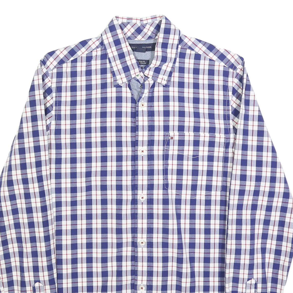 TOMMY HILFIGER Mens Blue & White Check Shirt XS Classic Button-Down Cotton Blend