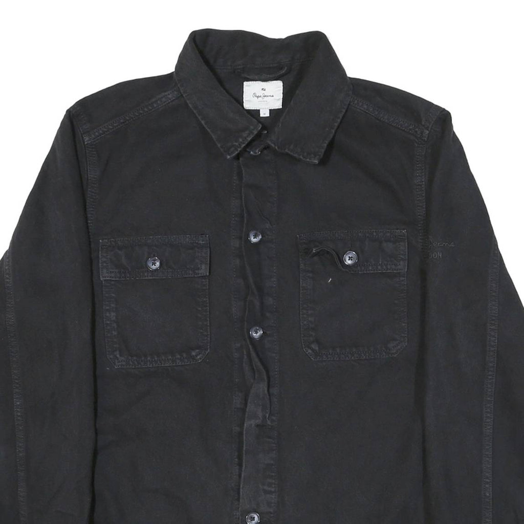 PEPE JEANS Mens Black Cotton Blend Button Jacket M Plain Casual Outerwear