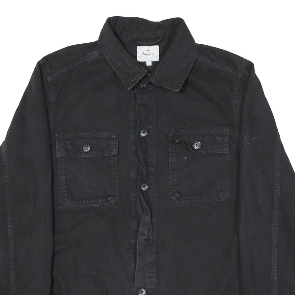 PEPE JEANS Mens Black Cotton Blend Button Jacket M Plain Casual Outerwear