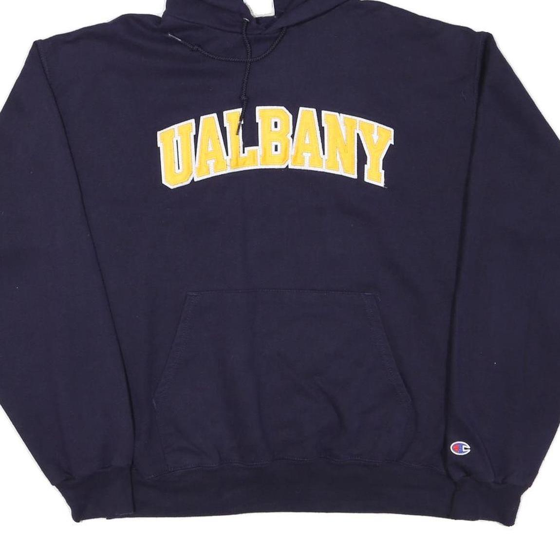 CHAMPION Mens Navy Blue UAlbany Pullover Hoodie L Cotton Blend Casual