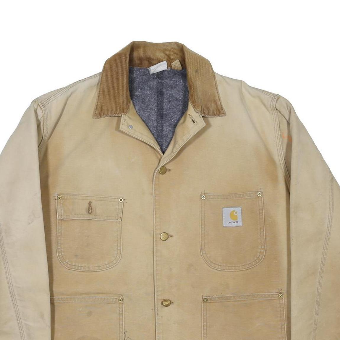 CARHARTT Blanket-Lined Mens Beige & Brown Button Jacket XL Cotton Workwear