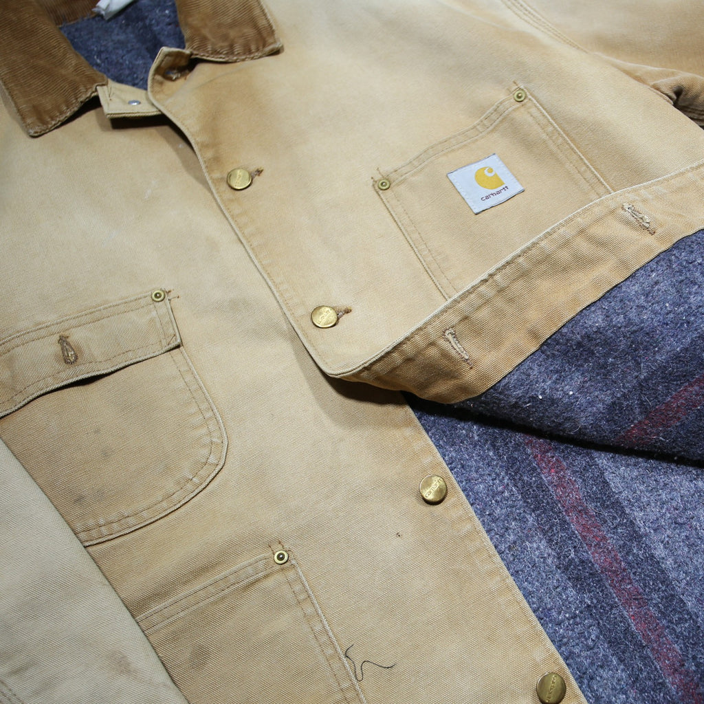 CARHARTT Blanket-Lined Mens Beige & Brown Button Jacket XL Cotton Workwear