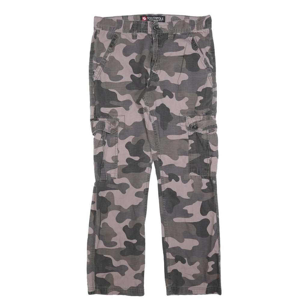 SOUTHPOLE Mens Cotton Blend Slim Cargo Trousers W30 L28 Grey Camouflage Outdoor