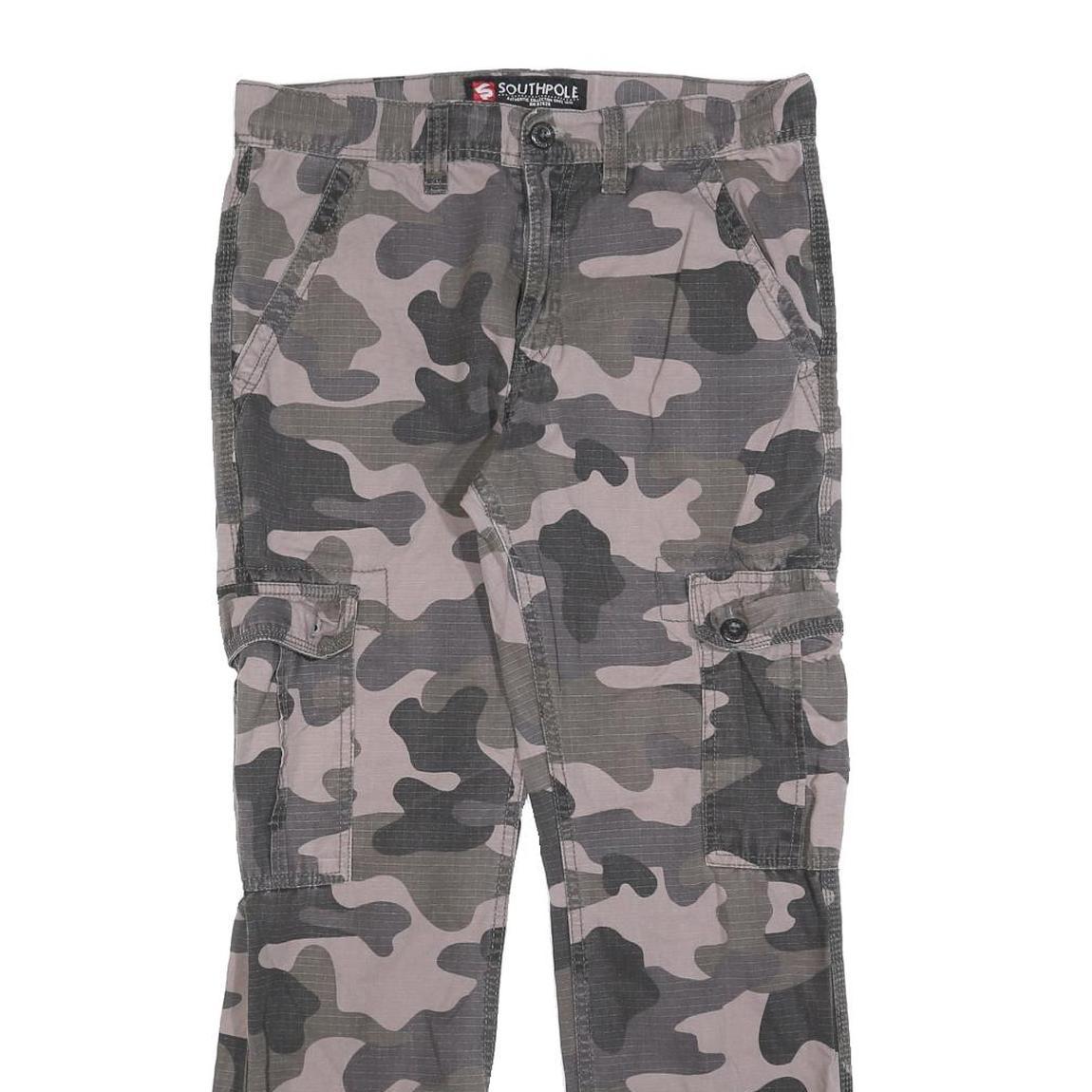 SOUTHPOLE Mens Cotton Blend Slim Cargo Trousers W30 L28 Grey Camouflage Outdoor