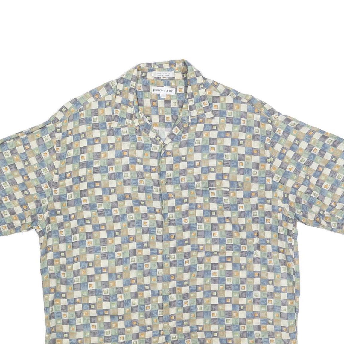 PIERRE CARDIN Mens Blue Beige Checked Rayon Shirt L Short Sleeve Lightweight