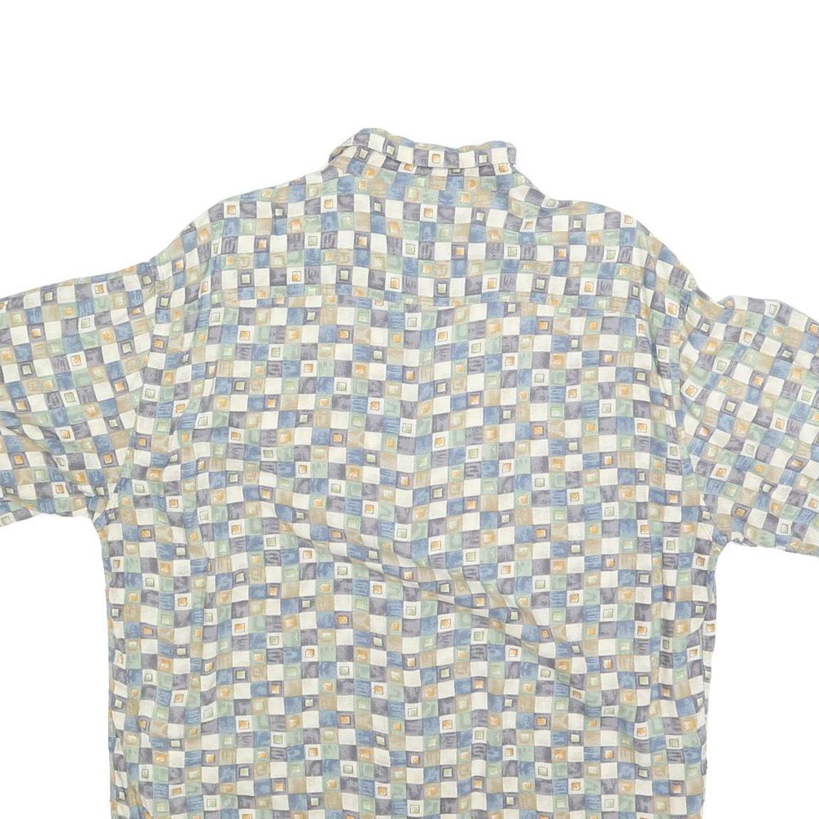 PIERRE CARDIN Mens Blue Beige Checked Rayon Shirt L Short Sleeve Lightweight