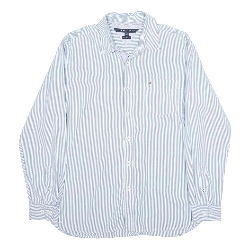 TOMMY HILFIGER Mens Blue & White Striped Shirt L Long Sleeve Cotton Classic Fit