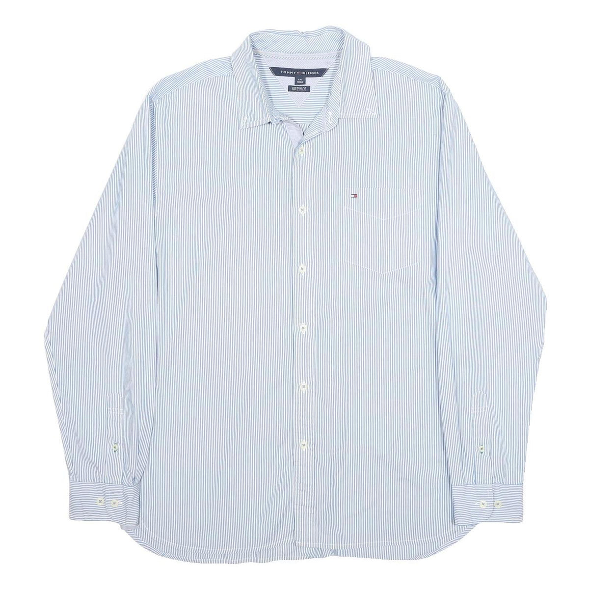 TOMMY HILFIGER Mens Blue & White Striped Shirt L Long Sleeve Cotton Classic Fit