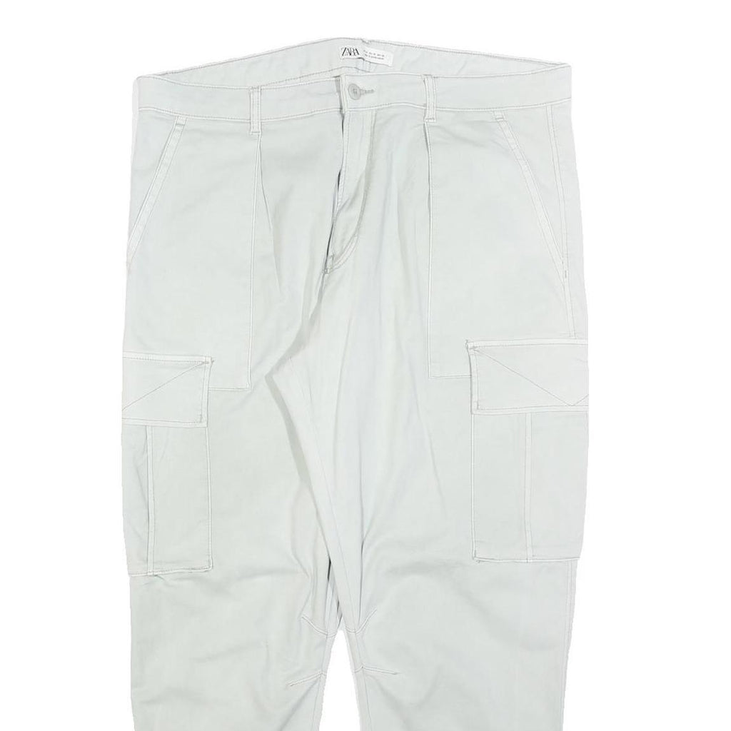 ZARA Mens Cotton Blend Slim Light Grey Trousers W36 L28 Cargo Pocket Zip Closure