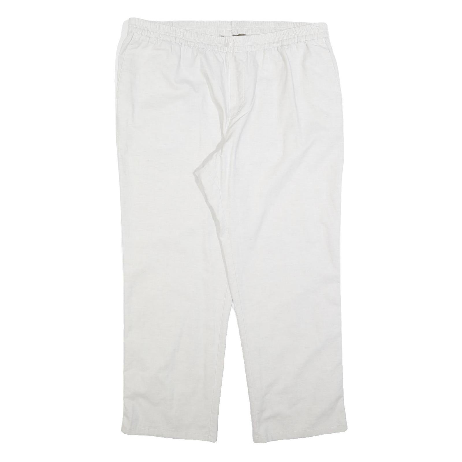 Womens Relaxed Fit White Linen Blend Trousers W38 L28 Comfortable Casual Elastic