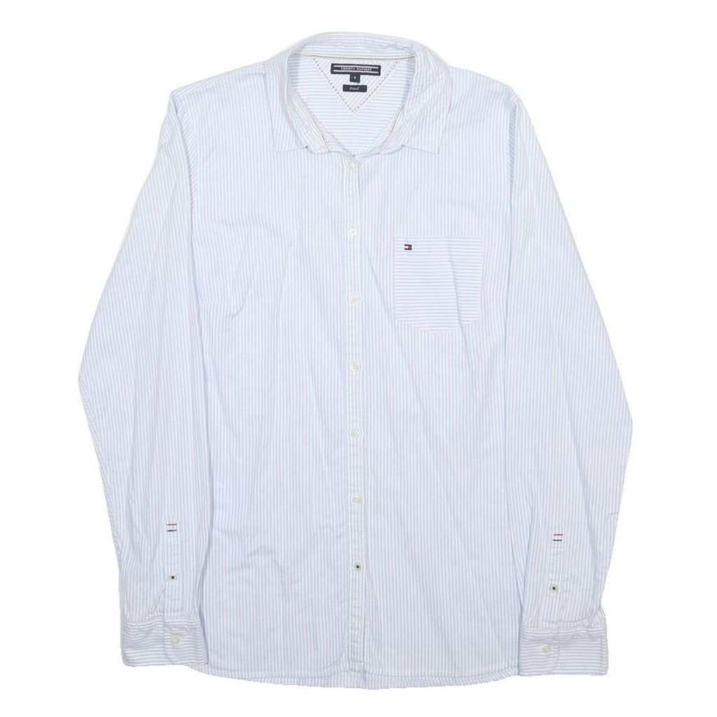 TOMMY HILFIGER Womens White Blue Stripe Shirt UK 8 Cotton Blend Long Sleeve