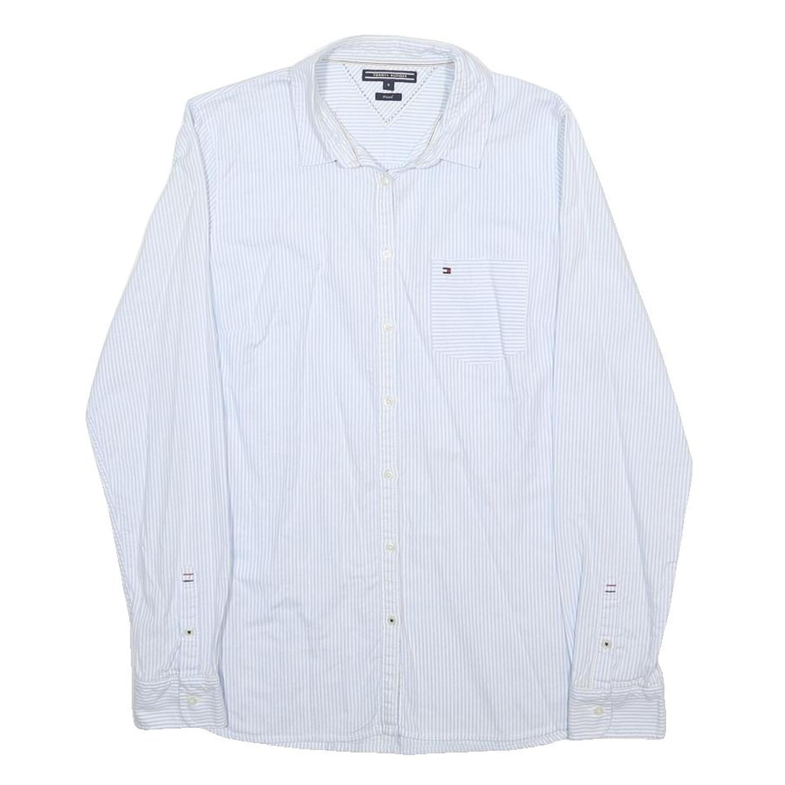 TOMMY HILFIGER Womens White Blue Stripe Shirt UK 8 Cotton Blend Long Sleeve