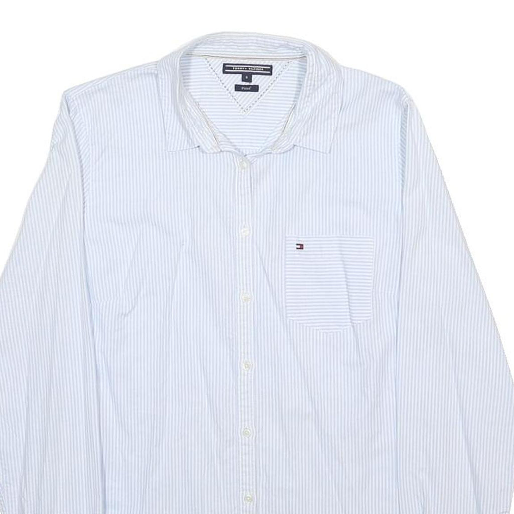 TOMMY HILFIGER Womens White Blue Stripe Shirt UK 8 Cotton Blend Long Sleeve