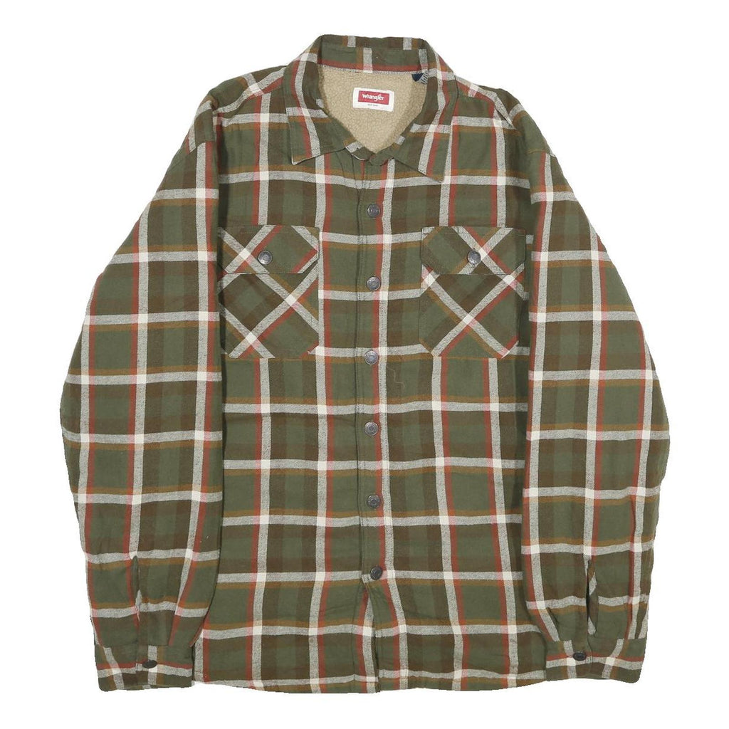 WRANGLER Mens Green & Brown Checked Jacket L Cotton Blend Button Closure